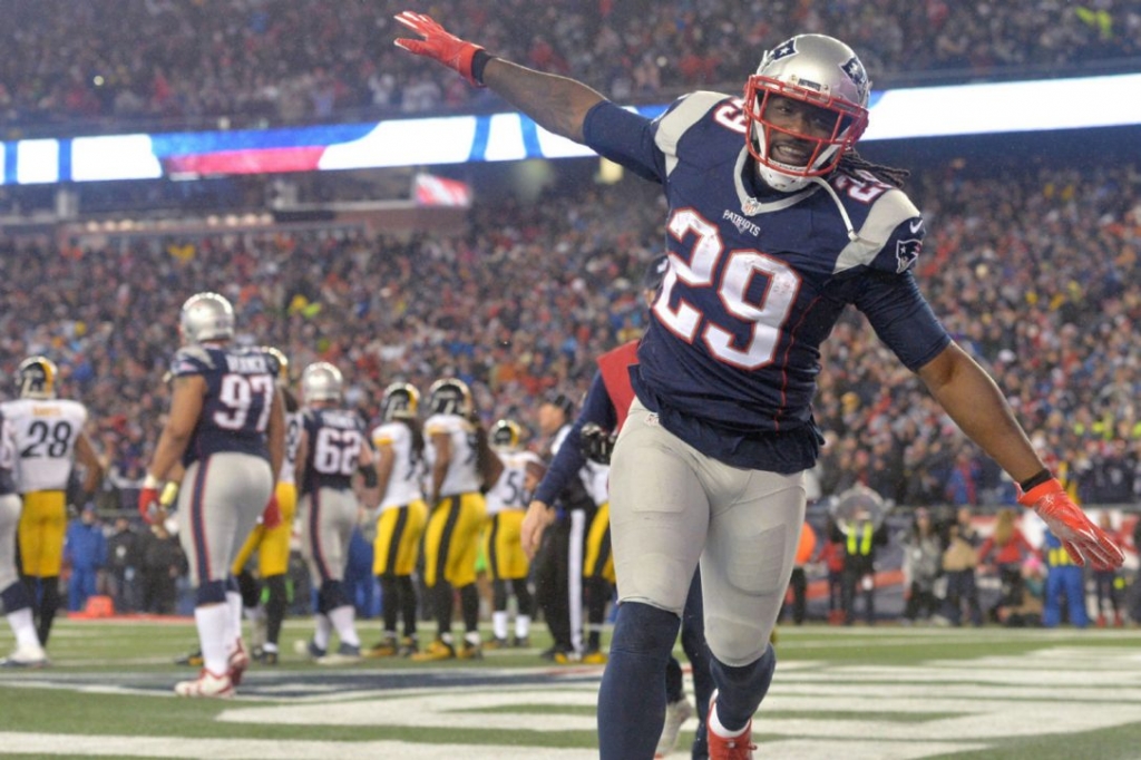 New England Patriots running back Le Garrette Blount celebrates a touchdown during the team's 36-17 win over the Pittsburgh Steelers in the AFC championship on Sunday. The Patriots will meet the Atlanta Falcons in the Super Bowl Feb. 5