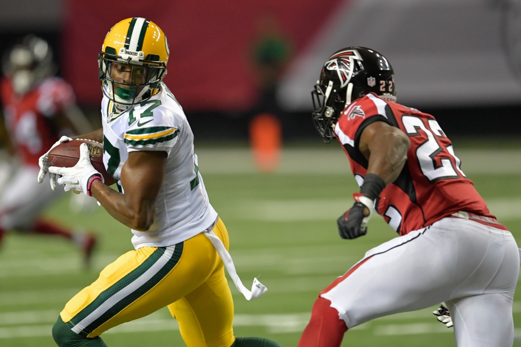 Oct 30 2016 Atlanta GA USA Green Bay Packers wide receiver Davante Adams runs against Atlanta Falcons strong safety Keanu Neal during the second half at the Georgia Dome. The Falcons defeated the Packers 33-32. Mandatory Credit Dale Zanine