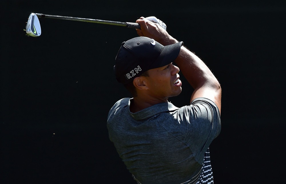 Augusta GA USA- TIGER WOODS hits from the 16th tee during the third round of the Masters at Augusta National Golf Club in Augusta Ga