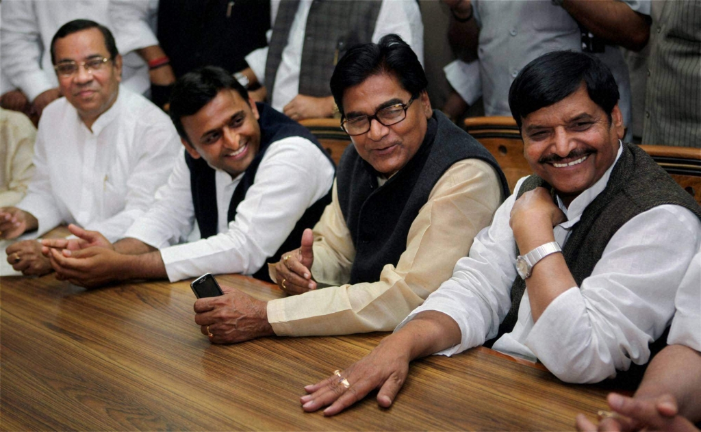 Uttar Pradesh Chief Minister Akhilesh Yadav with his uncle and Samajwadi Party leaders Ram Gopal Yadav and Shivpal Yadav