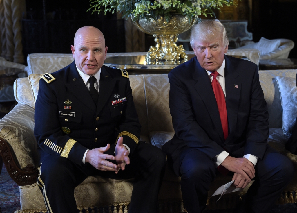 President Donald Trump right listens as Army Lt. Gen. H.R. McMaster left talks at Trump's Mar-a Lago estate in Palm Beach Fla. Monday Feb. 20 2017 where Trump announced that Mc Master will be the new national security adviser. (AP