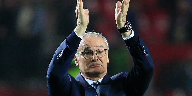 Leicester manager Claudio Ranieri applauds the fans after the Champions League round of 16 soccer match between Sevilla and Leicester City