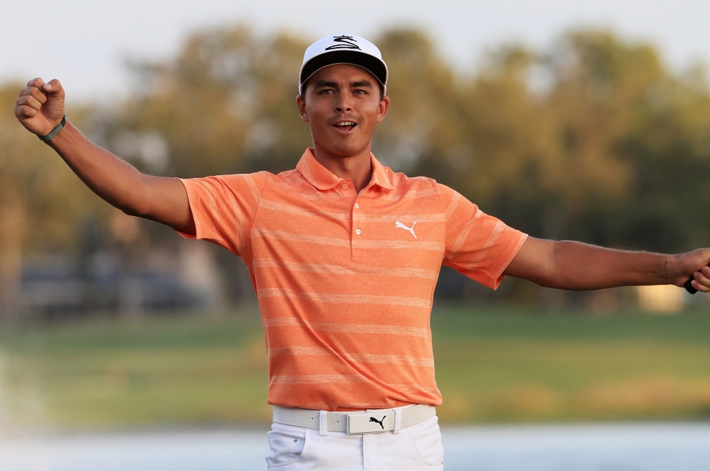 PALM BEACH GARDENS FL- FEBRUARY 26 Rickie Fowler of the United States celebrates winning on the 18th green during the final round of The Honda Classic at PGA National Resort and Spa