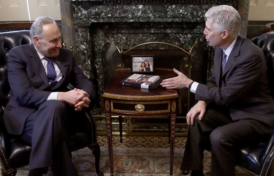 WASHINGTON DC- FEBRUARY 07 U.S. Supreme Court nominee Judge Neil Gorsuch meets with Senate Minority Leader Chuck Schumer  in Schumer's office at the U.S. Capitol