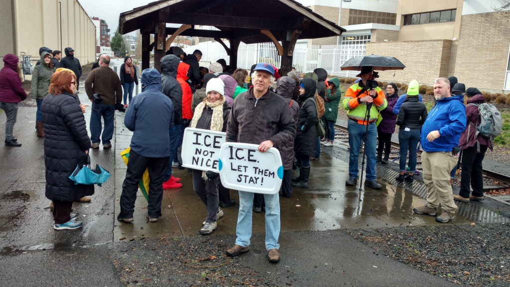 Undocumented immigrants gathered in front of the Portland ICE building on Monday