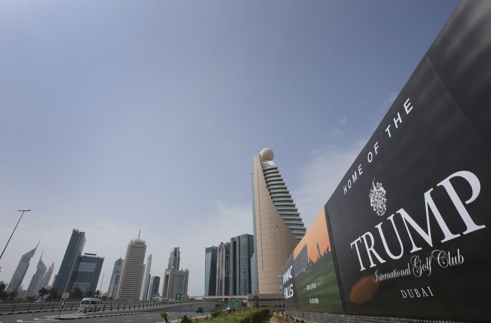 A giant billboard advertising the Trump International Golf Club hangs at the Dubai Trade Center roundabout in Dubai United Arab Emirates Saturday Feb. 18 2017