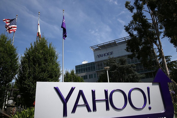 A sign is posted in front of the Yahoo! headquarters