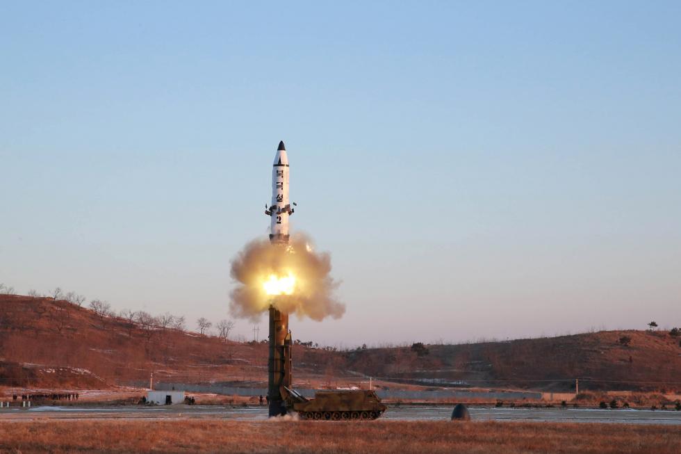 A view of the test-fire of Pukguksong-2 guided by North Korean leader Kim Jong Un on the spot. The