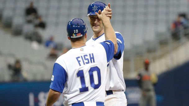 Israel's Nate Freima celebrates with Nate Fish after hitting an RBI single against Netherlands's starting pitcher during at the World Baseball Classic in Seoul South Korea