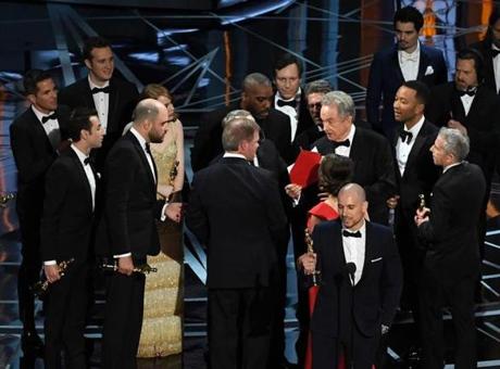 La La Land’ producer Jordan Horowitz spoke to the crowd while holding the award for Best