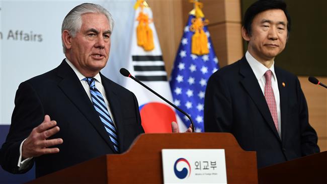 US Secretary of State Rex Tillerson speaks as South Korean Foreign Minister Yun Byung Se looks on during a press conference in Seoul