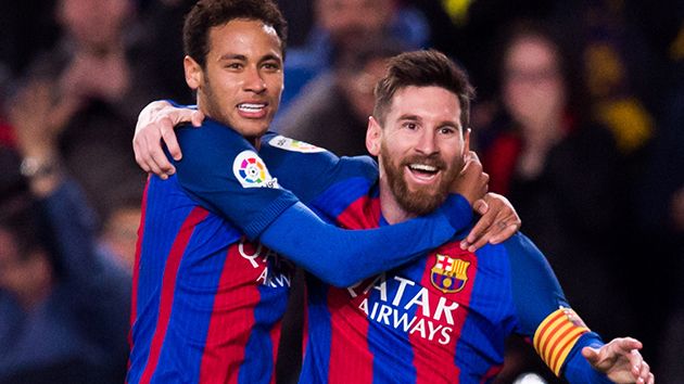 Neymar and Messi celebrate. Image Getty