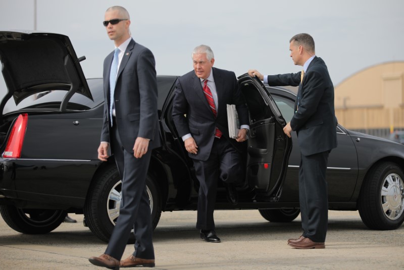 U.S. Secretary of State Tillerson arrives prior to departure for Mexico at Joint Base Andrews Maryland