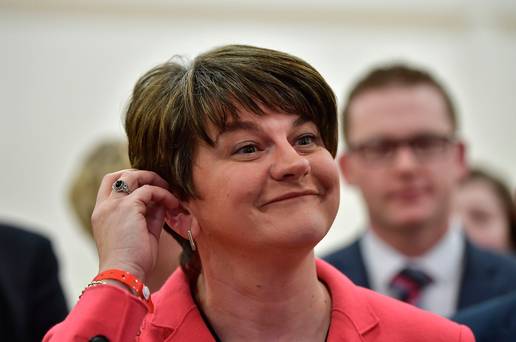 Democratic Unionist party leader and former First Minister Arlene Foster smiles as she is elected live during a television broadcast interview as the Northern Ireland Stormont election count takes place