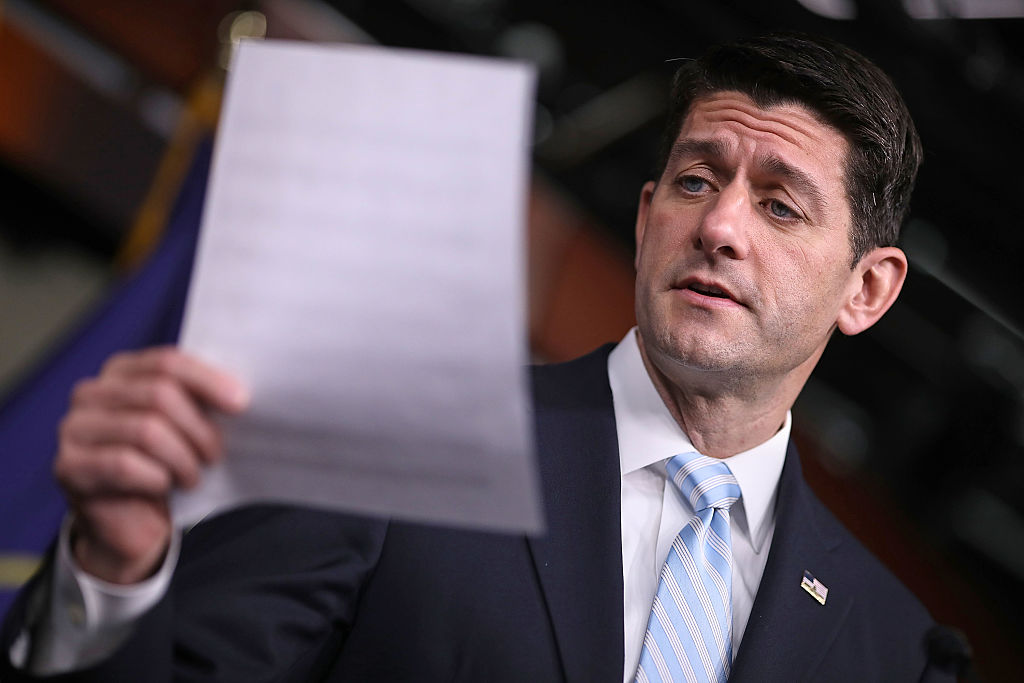 Speaker of the House Paul Ryan talks with reporters during his weekly news conference in the Capitol Visitors Center at the U.S. Capitol