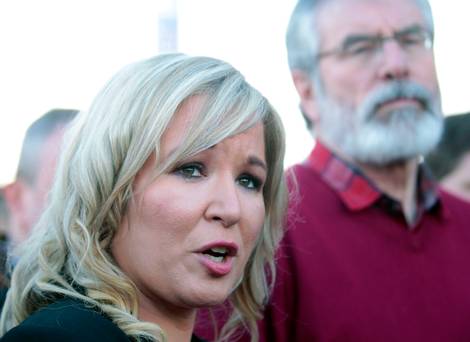 Sinn Fein's leadership team, Michelle O'Neill and Gerry Adams speak to the media during a press conference on the Falls road in West Belfast