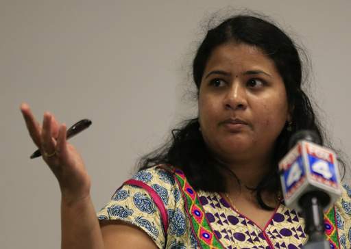 Sunayana Dumala talks about her late husband Srinivas Kuchibhotla during a news conference at Garmin Headquarters in Olathe