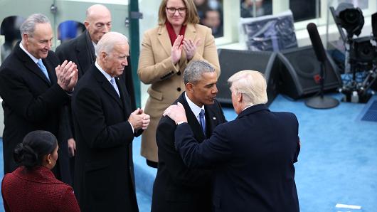 President Barack Obama left greets U.S. President-elect Donald Trump during the 58th presidential inauguration in Washington D.C. U.S. on Friday Jan. 20 2017