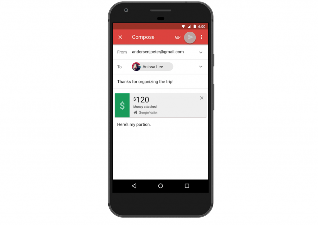 Gmail for Android now lets you send people money right in the app