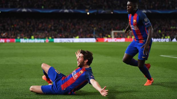 The hero Sergi Roberto celebrates scoring Barca's sixth goal- the winner