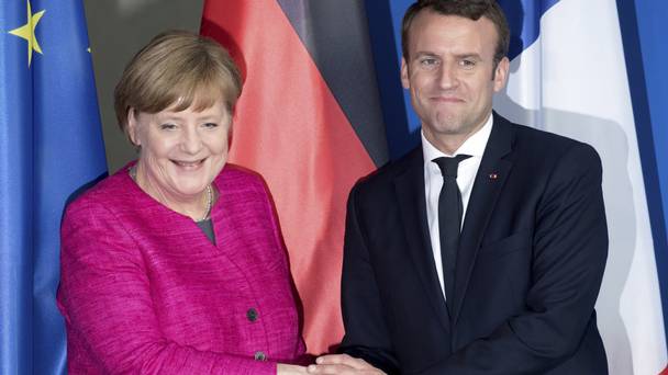 French President Emmanuel Macron and German Chancellor Angela Merkel in Berlin