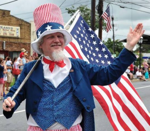 A man dressed as Uncle Sam at the Takoma Park July 4 parade