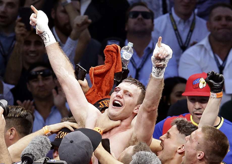 Jeff Horn of Australia celebrates after beating Manny Pacquiao of the Philippines during their WBO World Welterweight title fight in Brisbane Australia Sunday