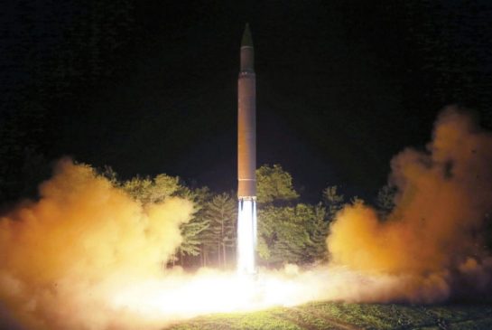 North Korean government shows what was said to be the launch of a Hwasong-14 intercontinental ballistic missile at an undisclosed location in North Korea. North Korea said Monday Aug. 7 it will launch