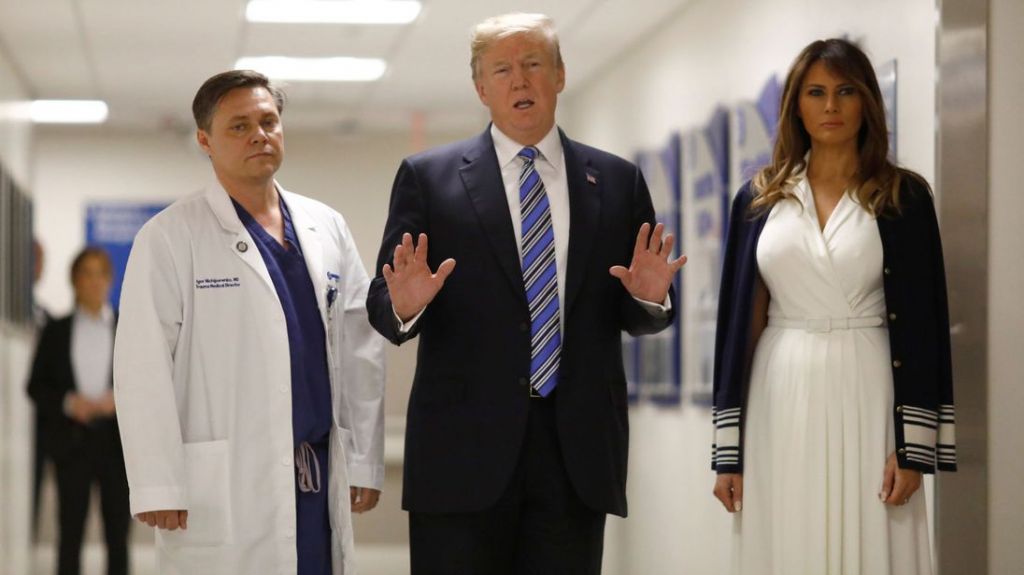 The US President talks with a trauma surgeon at Broward Health North Hospital