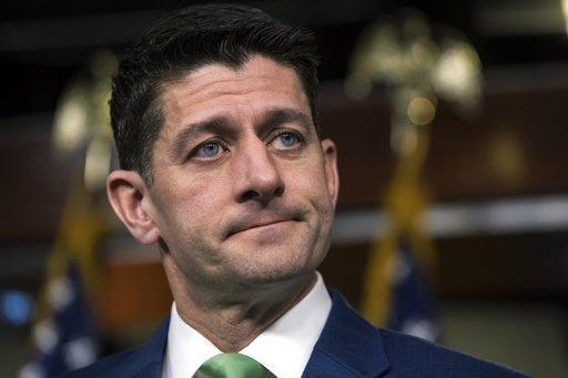 House speaker Paul Ryan meets with members of the press after a GOP strategy session at the Capitol on Wednesday