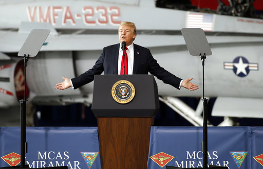 President Donald Trump speaks at Marine Corps Air Station Miramar in San Diego Tuesday