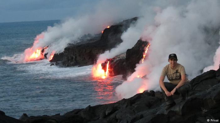 Volcanologist Jessica Johnson monitors the leva flow into the ocean