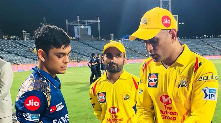 CSK captain MS Dhoni with MI wicketkeeper Ishan Kishan in IPL 2018