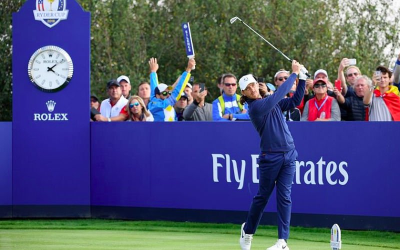 Fleetwood tees off during the afternoon session as he helped defeat American pairing Jordan Spieth and Justin Thomas