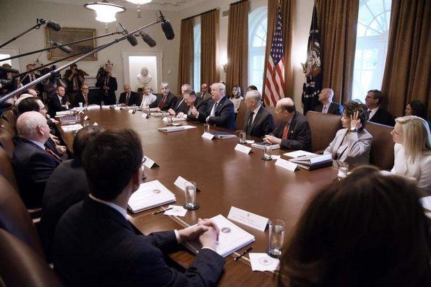 US President Donald Trump addresses members of his cabinet and the news media at a cabinet meeting at the White House on Aug 16
