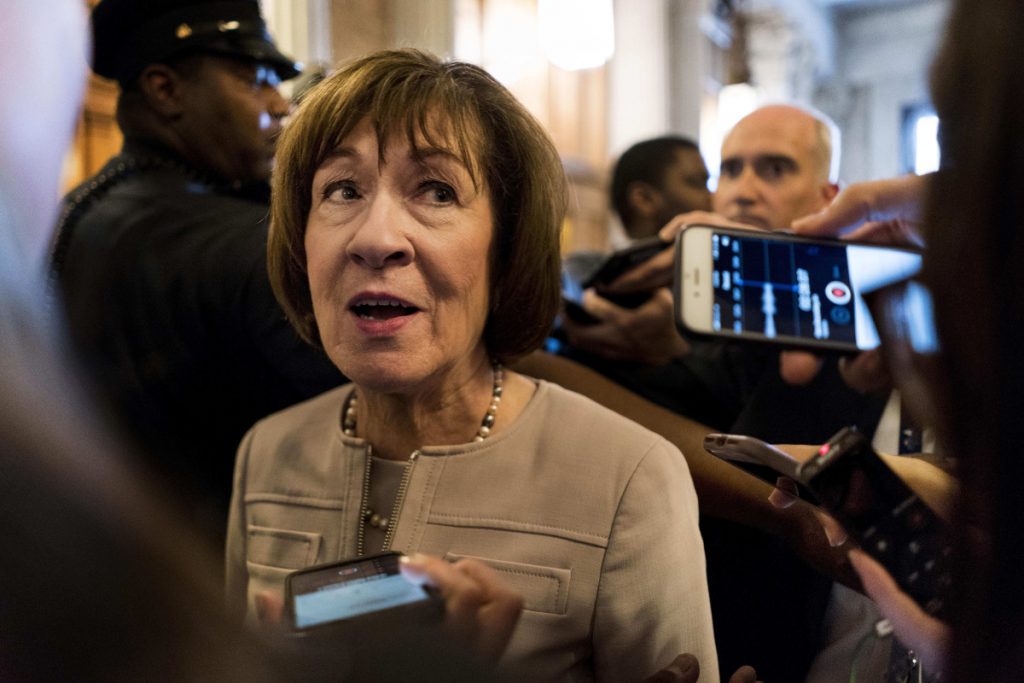 Sen. Susan Collins R-Maine talks to journalists following her speech Friday on the Senate floor where she announced she would support Supreme Court nominee Brett Kavanaugh. In her speech she said she understood the many concerns expressed about this