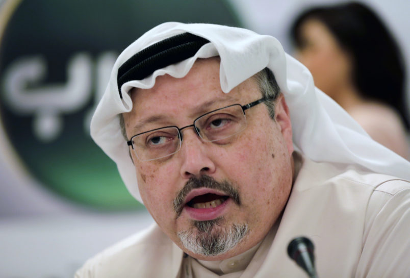 Saudi journalist Jamal Khashoggi speaks during a press conference in Manama Bahrain. The Washington Post said Wednesday Oct. 3 2018 it was concerned for the safety of Khashoggi a columnist for the newspaper