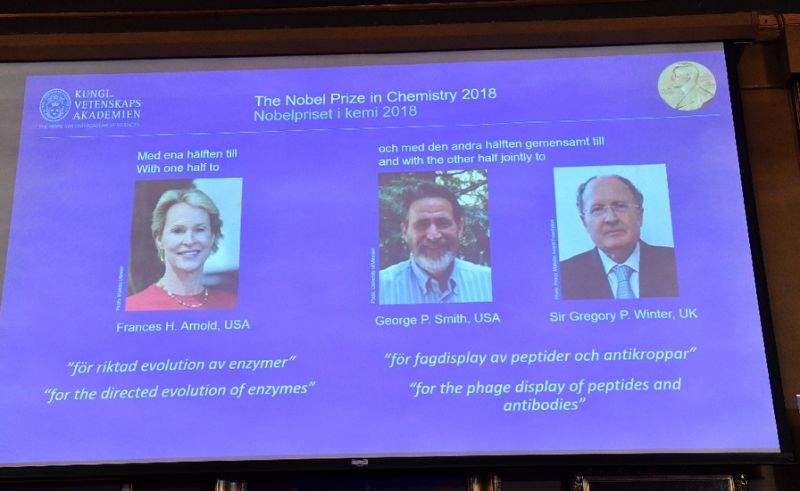 US scientists Frances Arnold and George Smith and British researcher Gregory Winter have won the 2018 Nobel Chemistry Prize